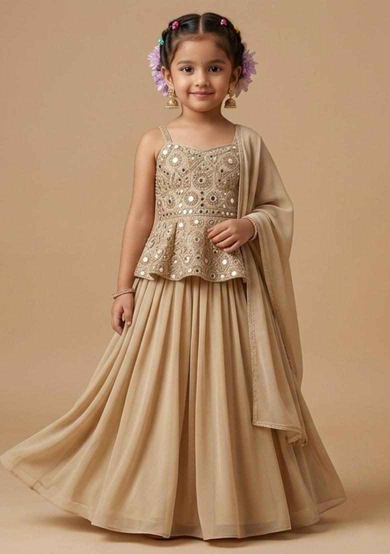 Girls Beige Embroidered Tissue Lehenga Set - Indya
