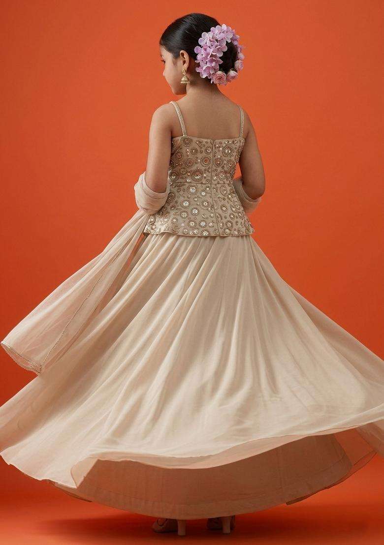 Girls Beige Embroidered Tissue Lehenga Set - Indya