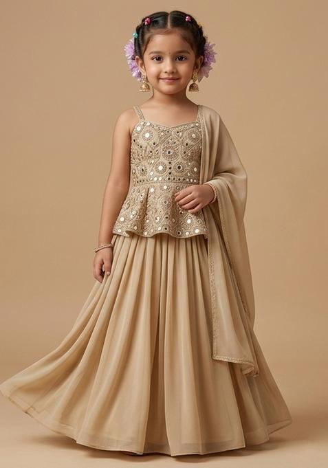 Girls Beige Embroidered Tissue Lehenga Set