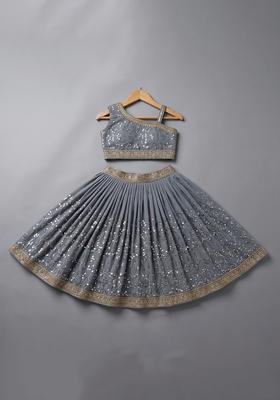 Girls Dusty Blue Sequin Embellished Shimmer Lehenga Set 