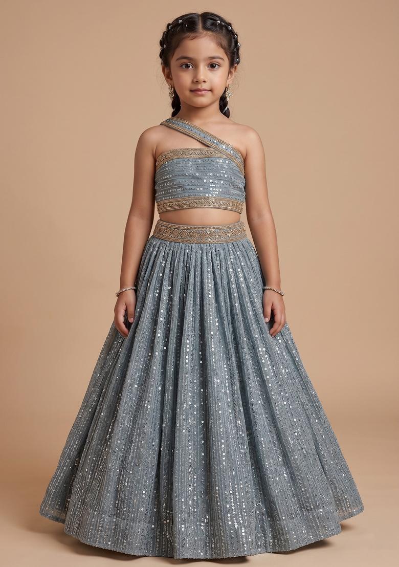 Girls Dusty Blue Sequin Embellished Shimmer Lehenga Set  - Indya