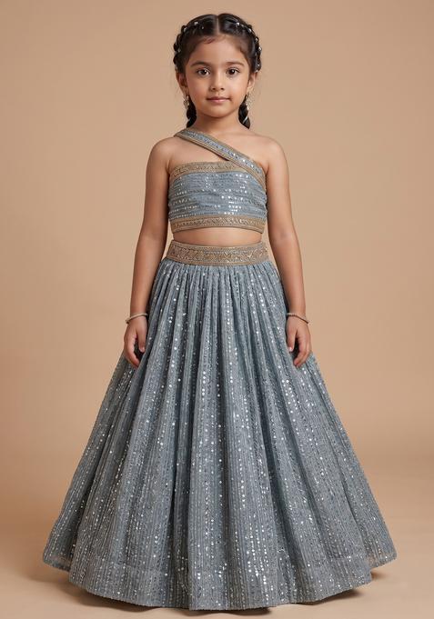 Girls Dusty Blue Sequin Embellished Shimmer Lehenga Set 