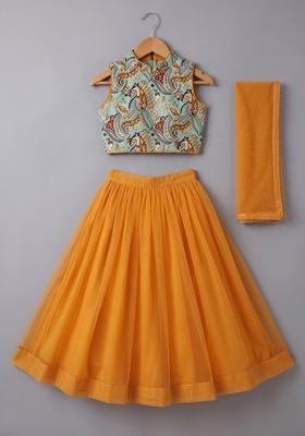 Girls Burnt Orange Crepe Lehenga Set With Printed Bloude