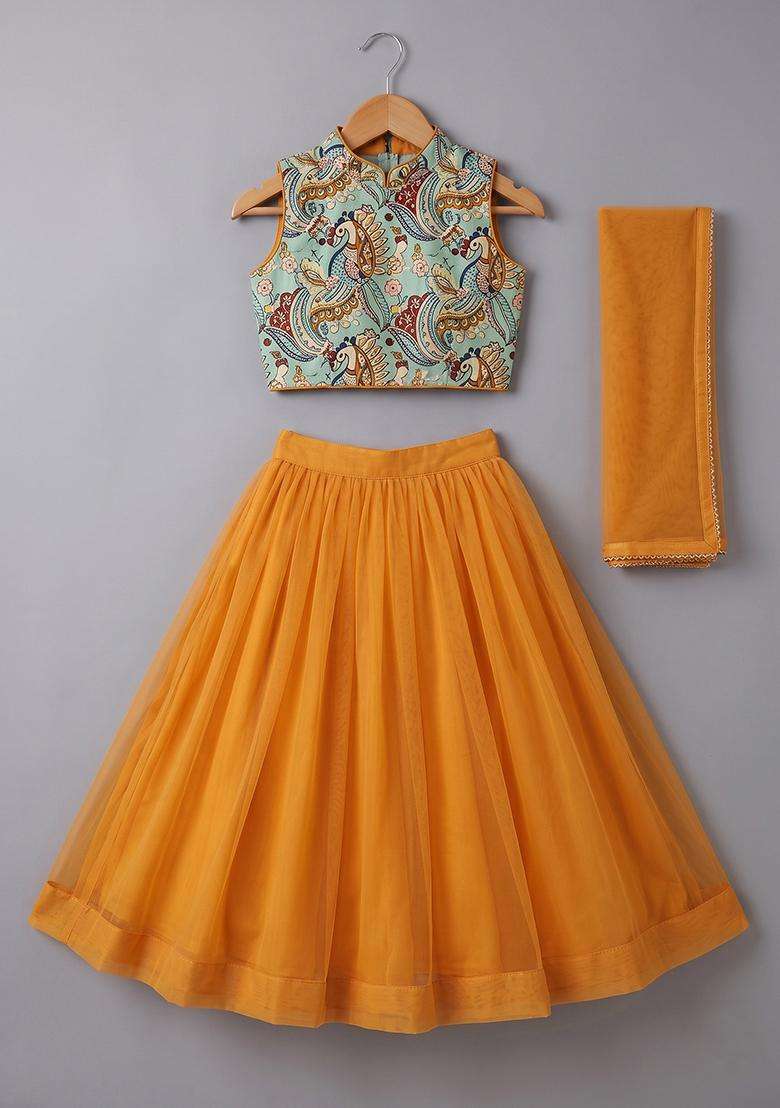Girls Burnt Orange Crepe Lehenga Set With Printed Bloude - Indya