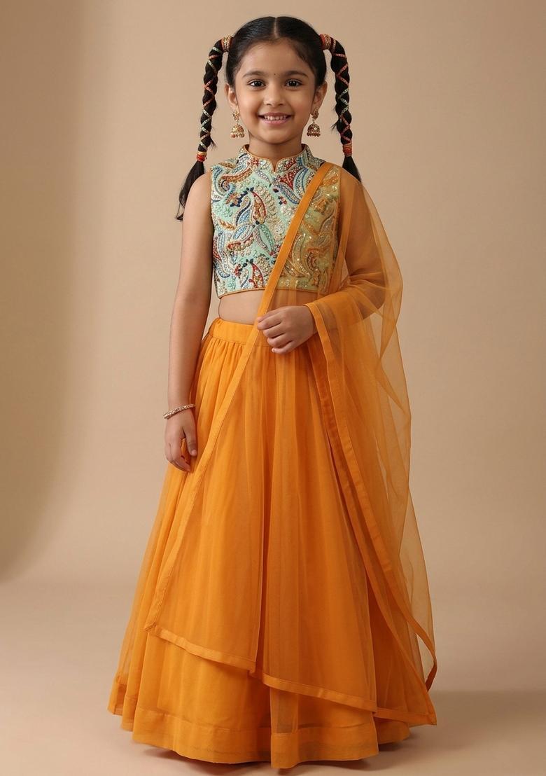 Girls Burnt Orange Crepe Lehenga Set With Printed Bloude - Indya