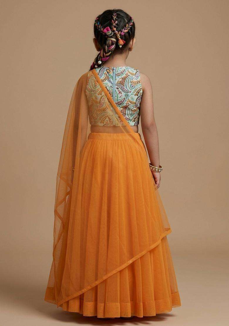 Girls Burnt Orange Crepe Lehenga Set With Printed Bloude - Indya