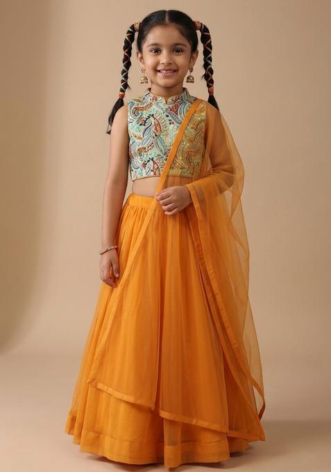 Girls Burnt Orange Crepe Lehenga Set With Printed Bloude