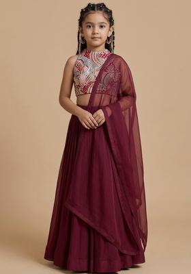 Girls Burgundy Crepe Lehenga Set With Printed Blouse
