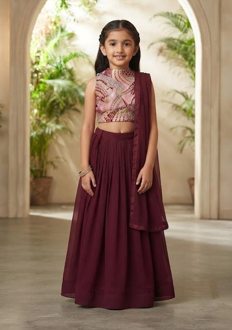 Girls Burgundy Crepe Lehenga Set With Printed Blouse - Indya