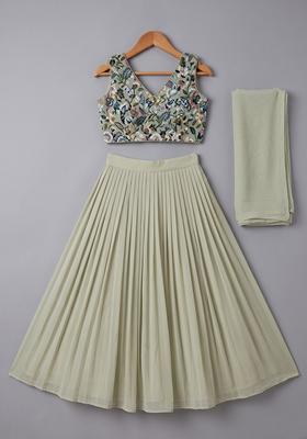 Girls Silver Grey Crepe Lehenga Set With Printed Blouse
