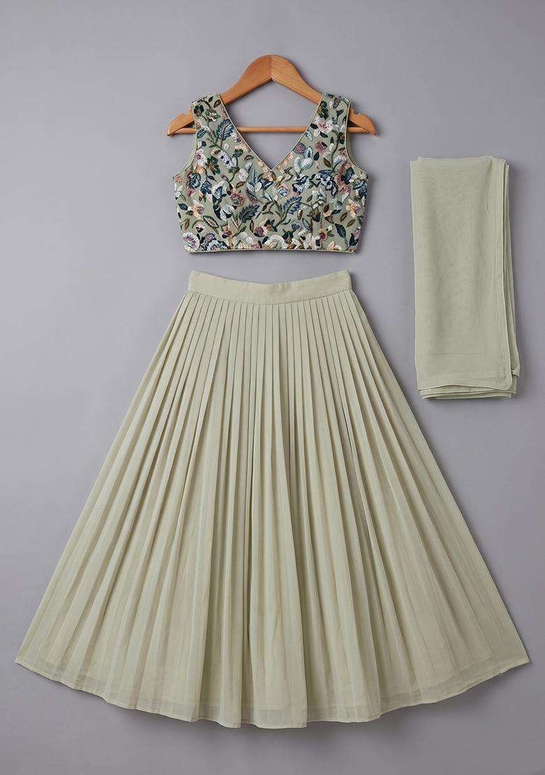 Girls Silver Grey Crepe Lehenga Set With Printed Blouse - Indya