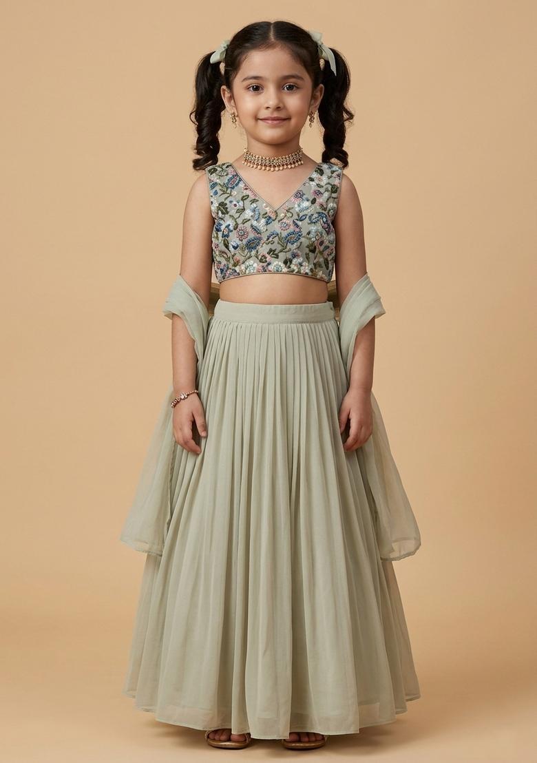 Girls Silver Grey Crepe Lehenga Set With Printed Blouse - Indya