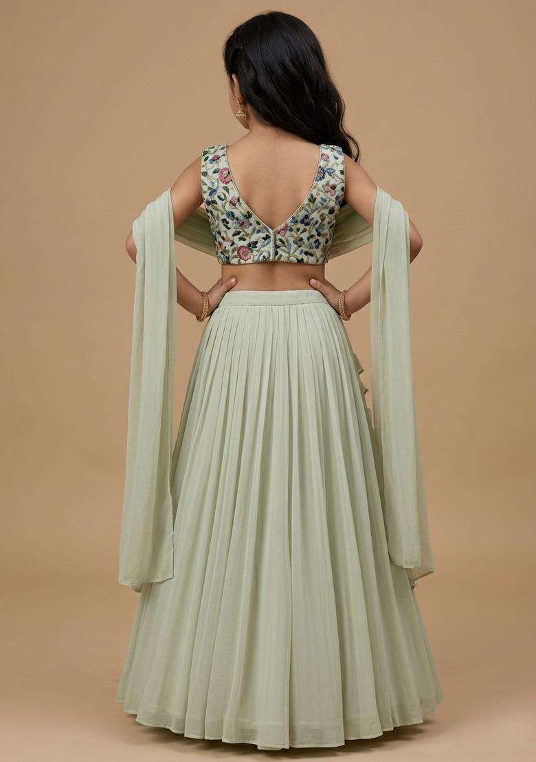 Girls Silver Grey Crepe Lehenga Set With Printed Blouse - Indya