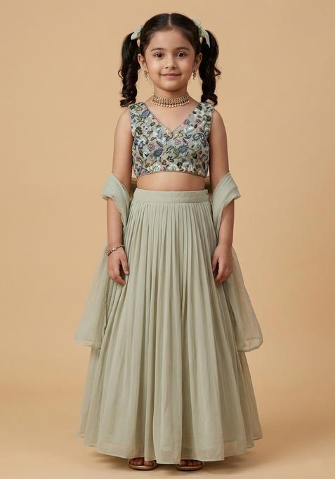 Girls Silver Grey Crepe Lehenga Set With Printed Blouse