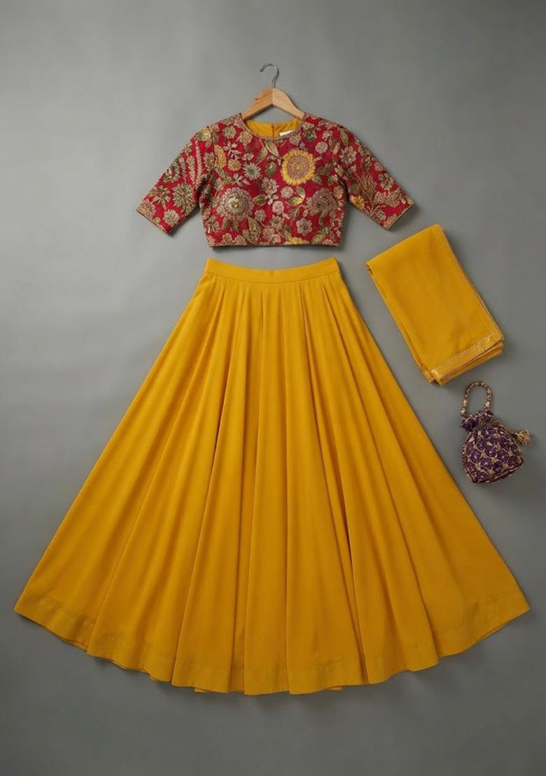Girls Yellow Solid Crepe Lehenga Set - Indya