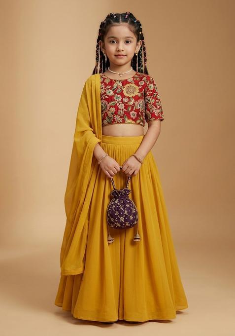 Girls Yellow Solid Crepe Lehenga Set