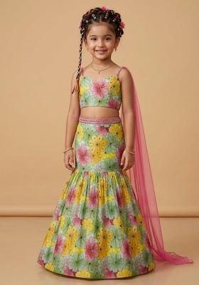 Girls Mint Green Floral Print Crepe Lehenga Set