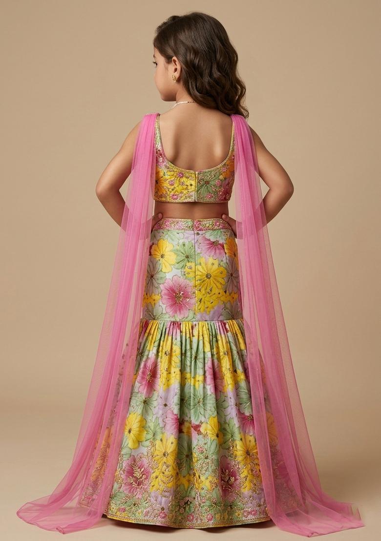 Girls Mint Green Floral Print Crepe Lehenga Set - Indya