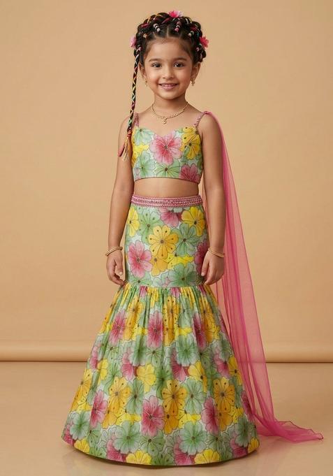 Girls Mint Green Floral Print Crepe Lehenga Set