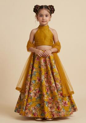Girls Yellow Floral Print Crepe Lehenga Set