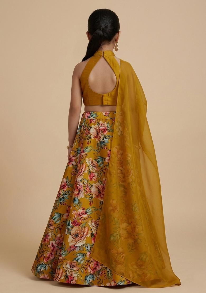 Girls Yellow Floral Print Crepe Lehenga Set - Indya