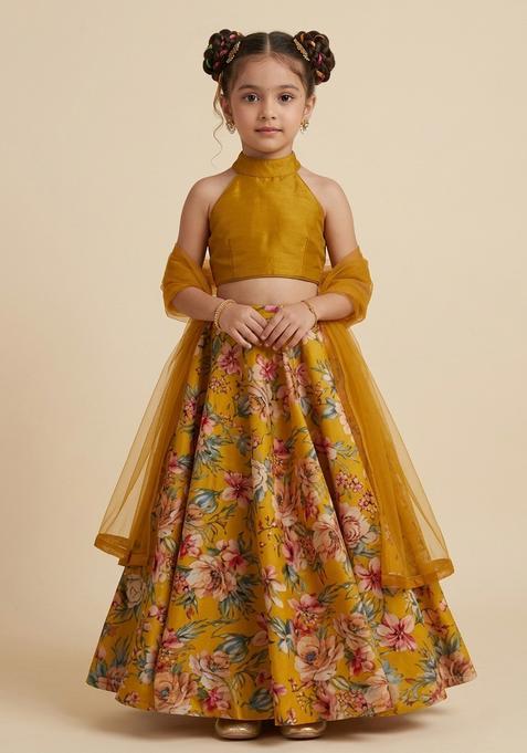 Girls Yellow Floral Print Crepe Lehenga Set