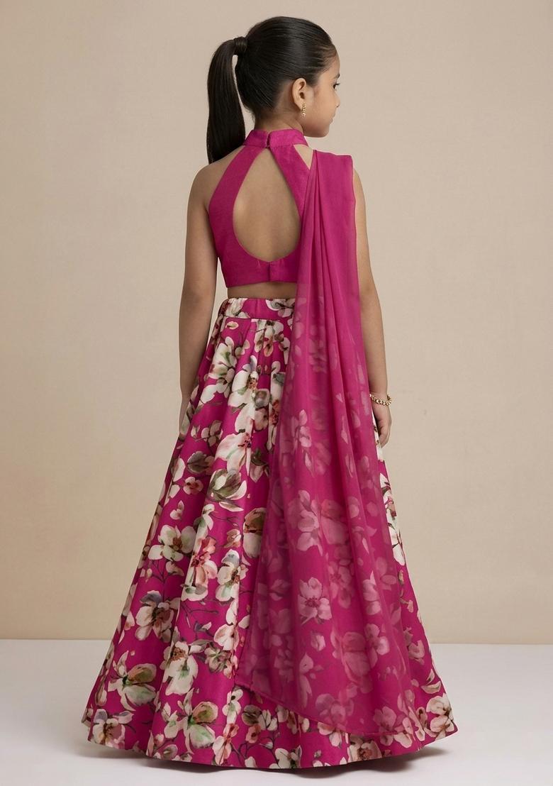 Girls Rani Pink Floral Print Crepe Lehenga Set - Indya