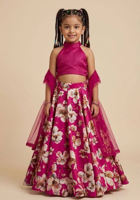 Girls Rani Pink Floral Print Crepe Lehenga Set