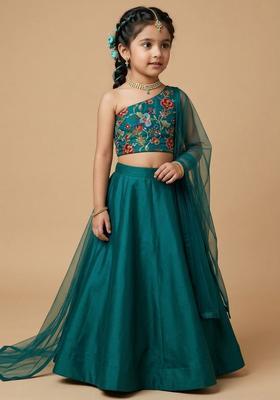 Girls Bottle Green Floral Print Organza Lehenga Set