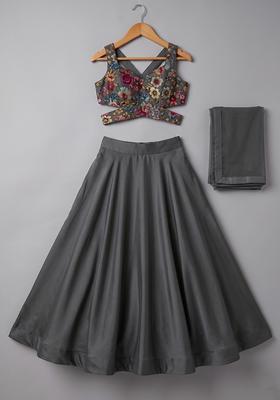 Girls Black Floral Print Crepe Lehenga Set