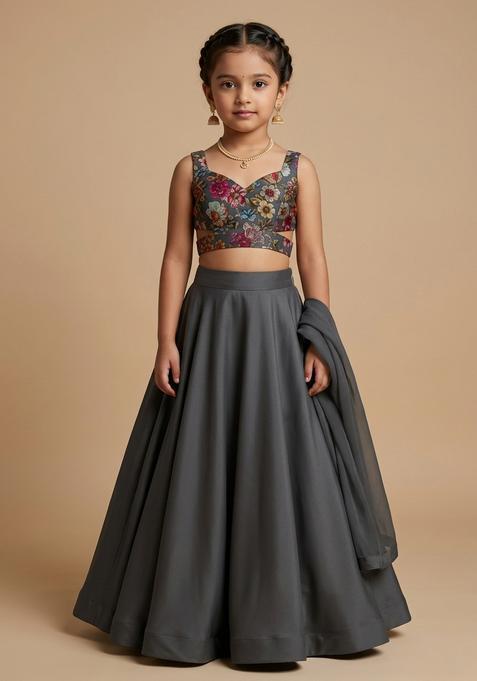 Girls Black Floral Print Crepe Lehenga Set