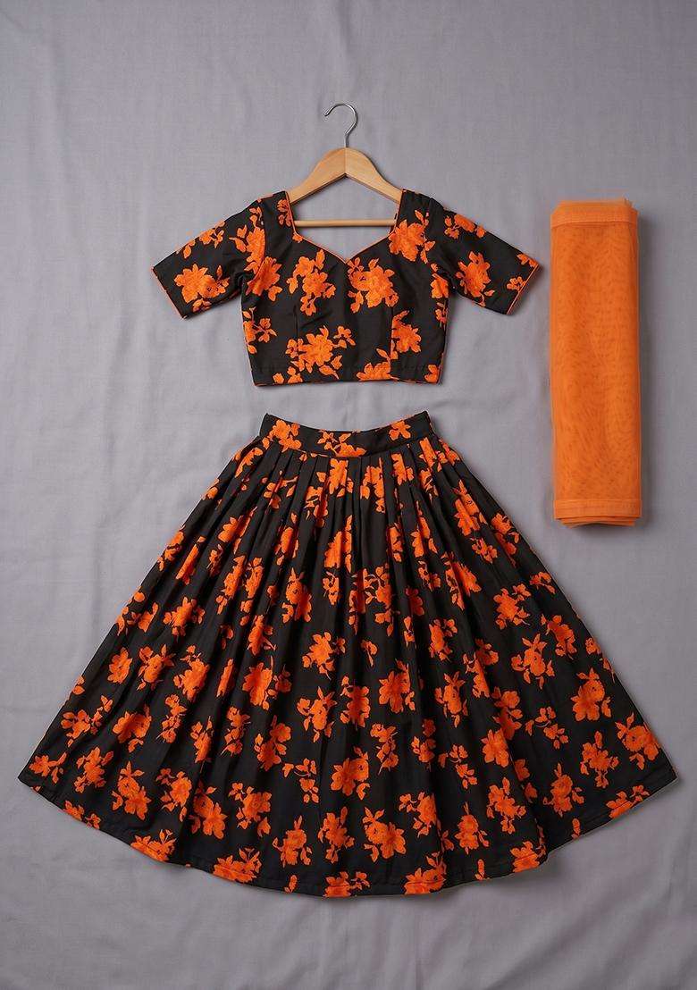 Girls Orange Floral Print Crepe Lehenga Set - Indya