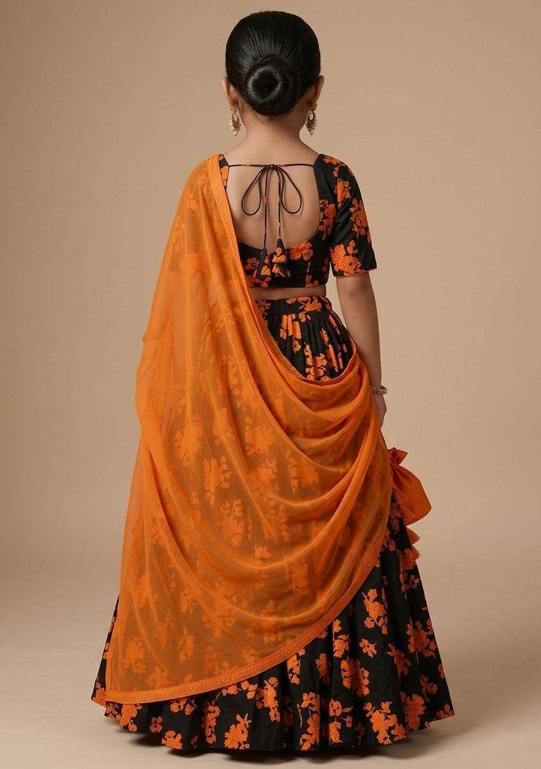Girls Orange Floral Print Crepe Lehenga Set - Indya