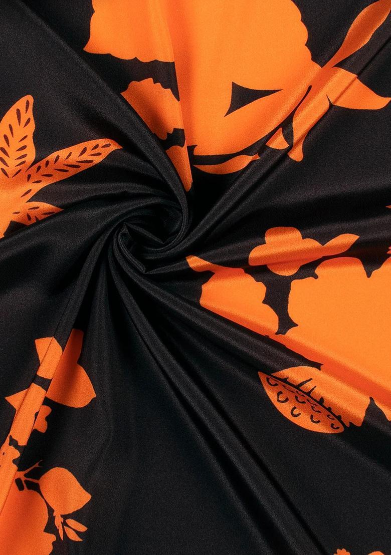 Girls Orange Floral Print Crepe Lehenga Set - Indya