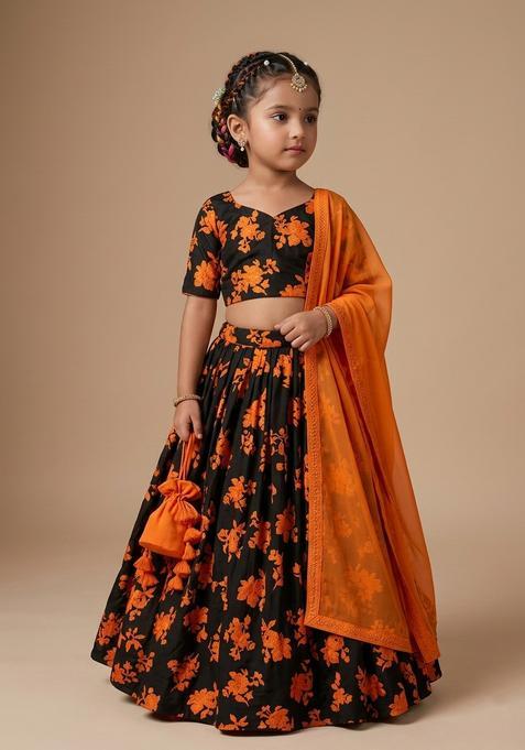 Girls Orange Floral Print Crepe Lehenga Set