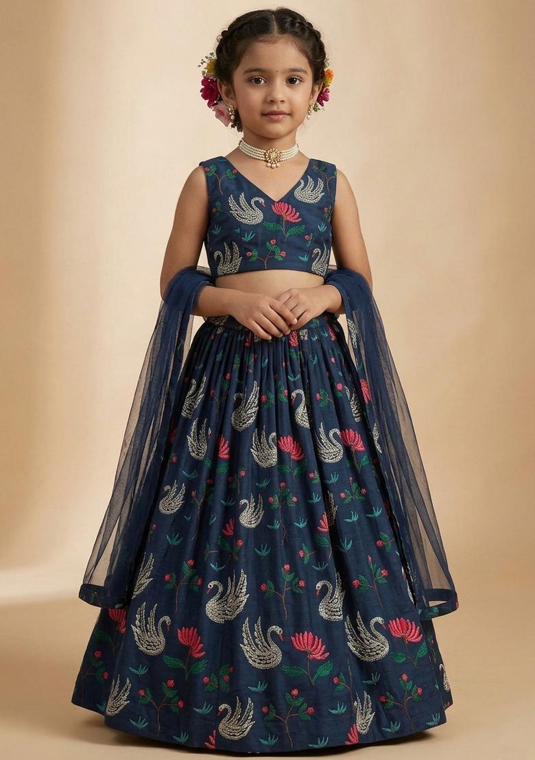 Girls Navy Blue Figure Print Georgette Lehenga Set - Indya