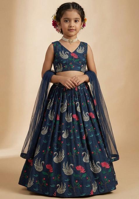 Girls Navy Blue Figure Print Georgette Lehenga Set