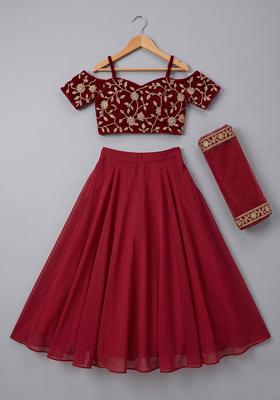 Girls Wine Embroidered Silk Lehenga Set
