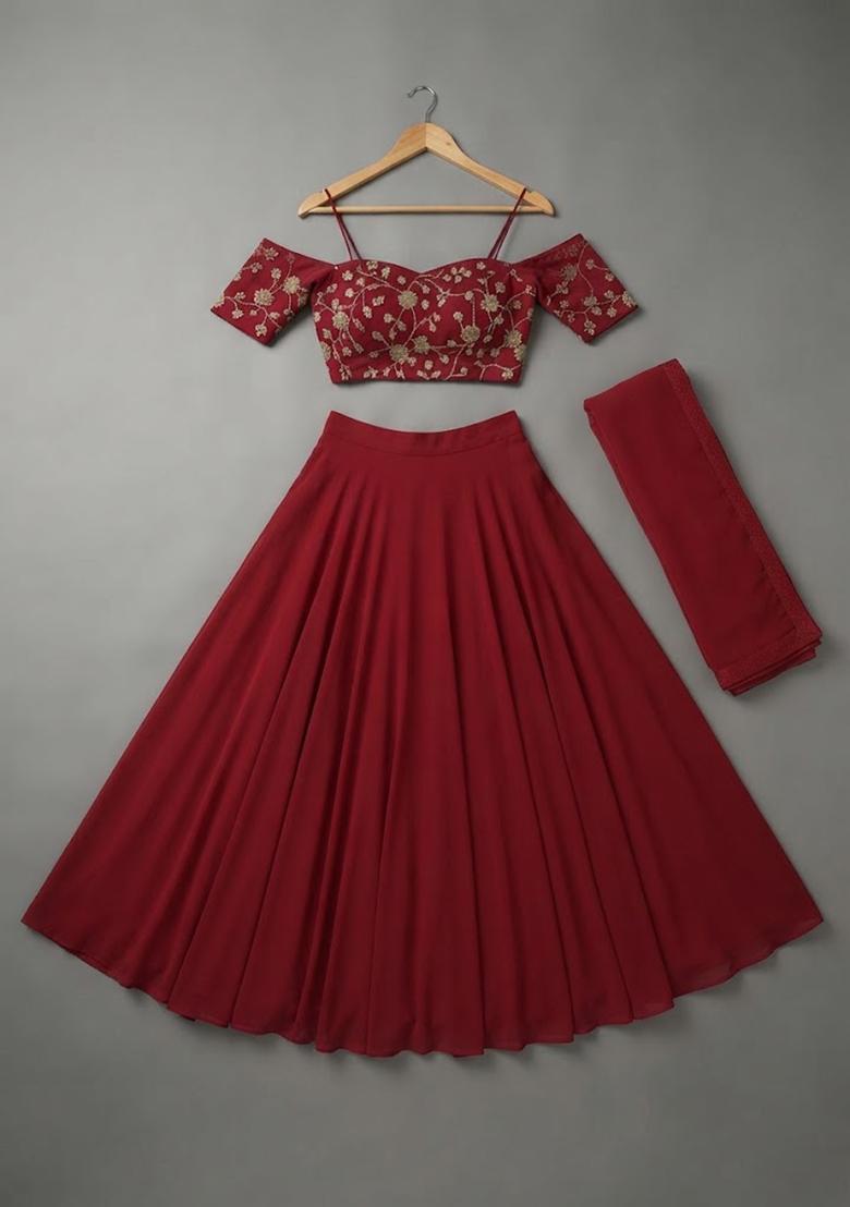 Girls Wine Embroidered Silk Lehenga Set - Indya