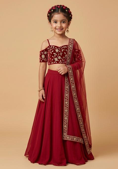 Girls Wine Embroidered Silk Lehenga Set