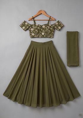Girls Olive Green Embroidered Silk Lehenga Set