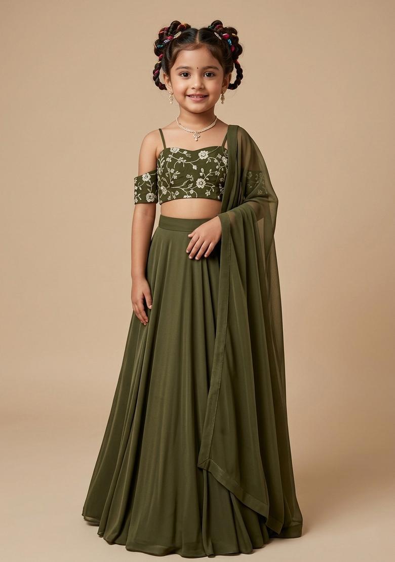 Girls Olive Green Embroidered Silk Lehenga Set - Indya