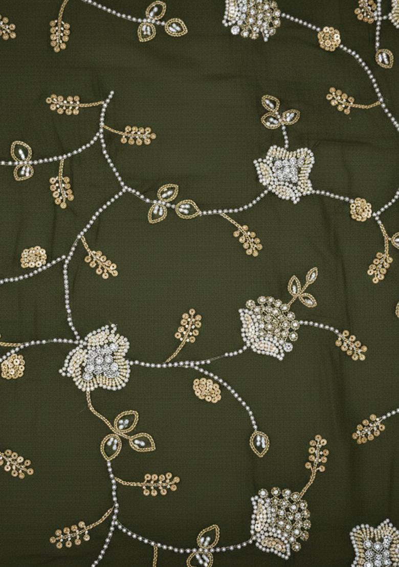 Girls Olive Green Embroidered Silk Lehenga Set - Indya