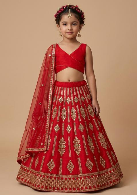 Girls Red Embellished Georgette Lehenga Set