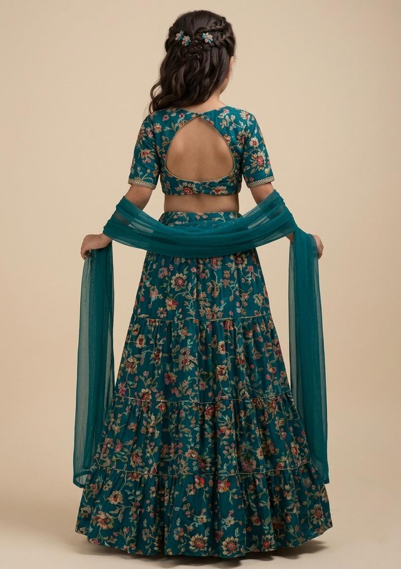 Girls Teal Blue Floral Print Crepe Lehenga Set - Indya