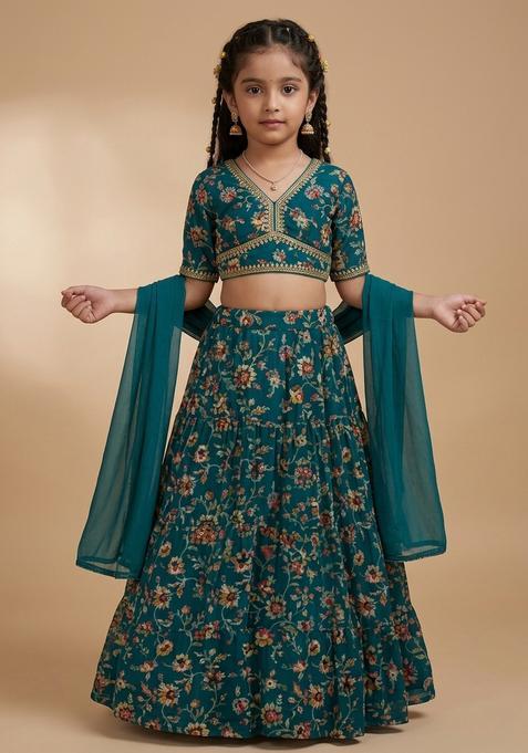 Girls Teal Blue Floral Print Crepe Lehenga Set