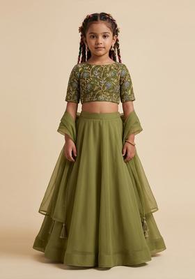 Girls Olive Green Figure Print Crepe Lehenga Set