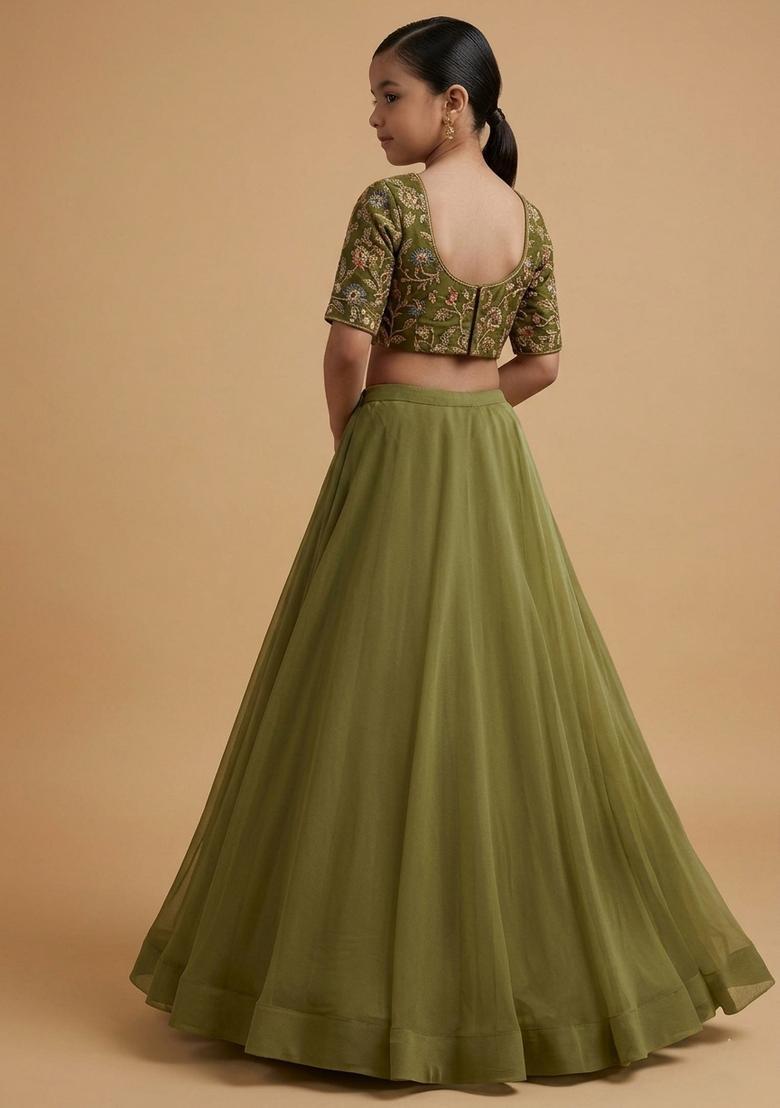 Girls Olive Green Figure Print Crepe Lehenga Set - Indya