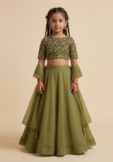 Girls Olive Green Figure Print Crepe Lehenga Set