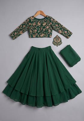 Girls Dark Green Figure Print Crepe Lehenga Set